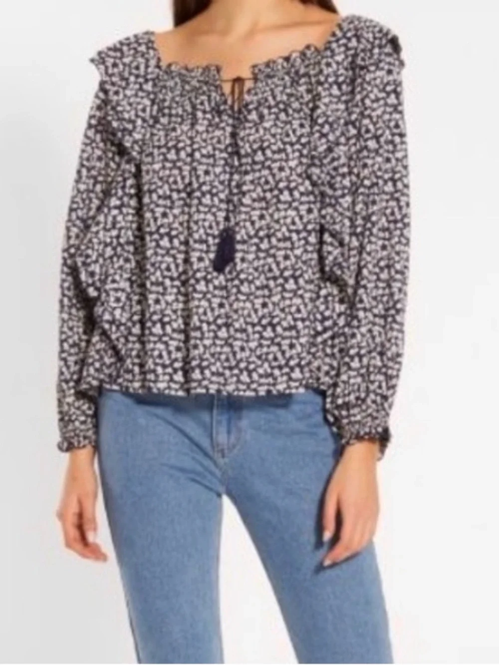 THE GREAT The Song Ruffle Front Tassel Tie Top Size 2 US Medium Navy Blue /Tan